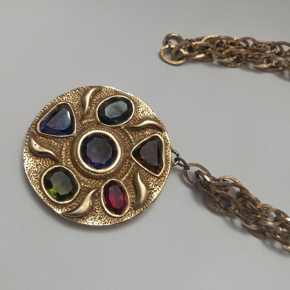 Large Vintage Pendant Necklace with 6 Multi-Colored Rhinestones - Picture 3 of 7